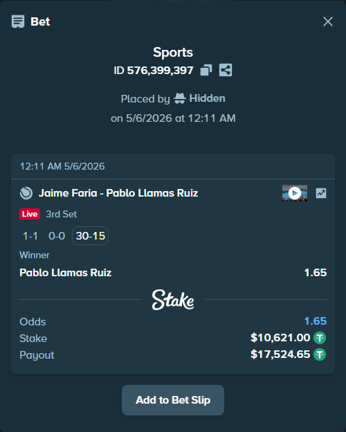 Bet slip: Jaime Faria - Pablo Llamas Ruiz, $10,621.00 stake at 1.65 odds, placed by Hidden