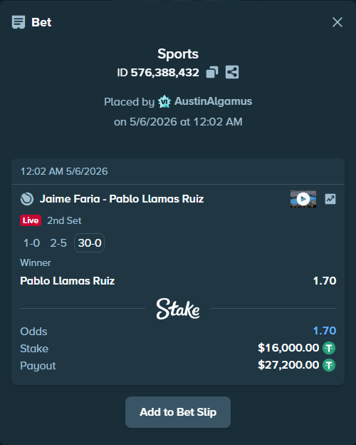 Bet slip: Jaime Faria - Pablo Llamas Ruiz, $16,000.00 stake at 1.70 odds, placed by AustinAlgamus