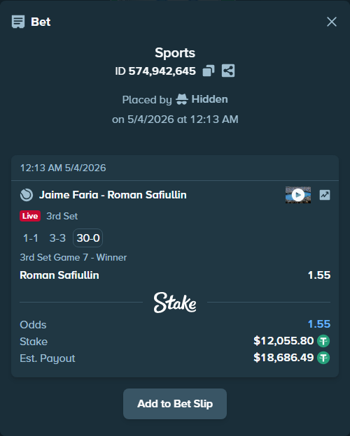 Bet slip: Jaime Faria - Roman Safiullin, $12,055.80 stake at 1.55 odds, placed by Hidden