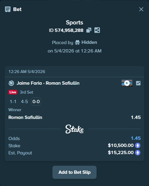 Bet slip: Jaime Faria - Roman Safiullin, $15,802.50 stake at 1.45 odds, placed by Hidden