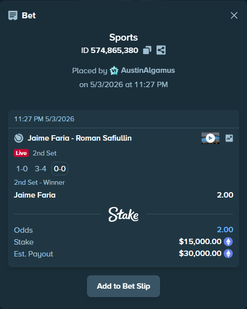 Bet slip: Jaime Faria - Roman Safiullin, $22,601.25 stake at 2.00 odds, placed by AustinAlgamus