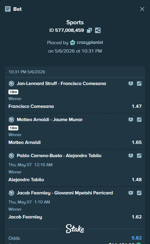 Bet slip: Jan-Lennard Struff - Francisco Comesana, $11,481.00 stake at 1.47 odds, placed by crazypianist