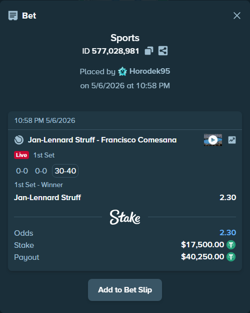 Bet slip: Jan-Lennard Struff - Francisco Comesana, $17,500.00 stake at 2.30 odds, placed by Horodek95