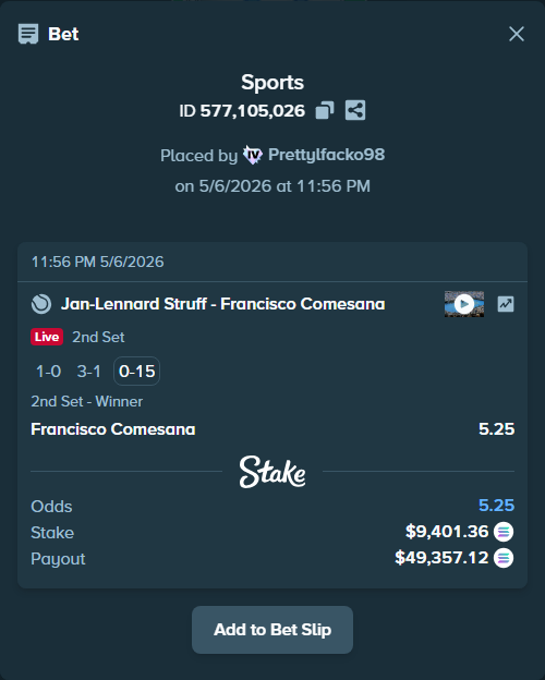 Bet slip: Jan-Lennard Struff - Francisco Comesana, $21,378.69 stake at 5.25 odds, placed by Prettylfacko98