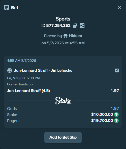 Bet slip: Jan-Lennard Struff - Jiri Lehecka, $10,000.00 stake at 1.97 odds, placed by Hidden