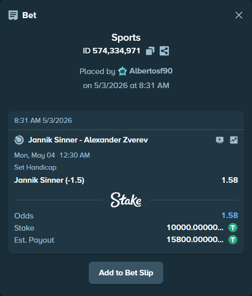 Bet slip: Jannik Sinner - Alexander Zverev, $10,000.00 stake at 1.58 odds, placed by Albertosf90