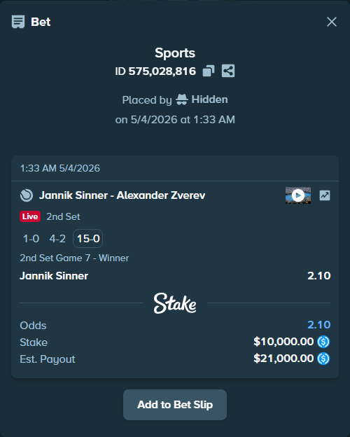 Bet slip: Jannik Sinner - Alexander Zverev, $10,000.00 stake at 2.10 odds, placed by Hidden