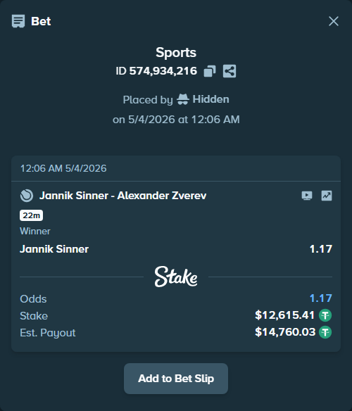 Bet slip: Jannik Sinner - Alexander Zverev, $12,615.41 stake at 1.17 odds, placed by Hidden