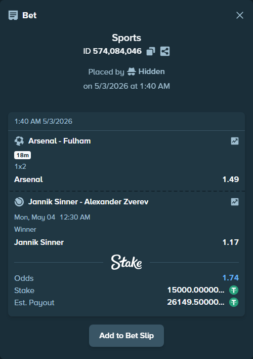 Bet slip: Jannik Sinner - Alexander Zverev, $15,000.00 stake at 1.17 odds, placed by Hidden