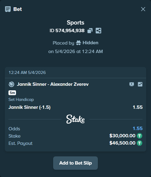 Bet slip: Jannik Sinner - Alexander Zverev, $30,000.00 stake at 1.55 odds, placed by Hidden