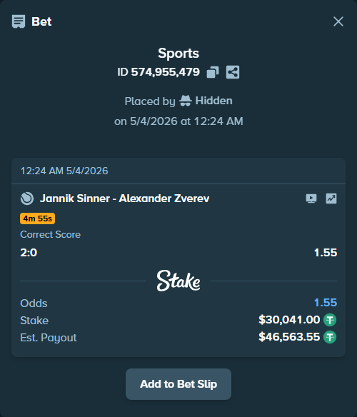 Bet slip: Jannik Sinner - Alexander Zverev, $30,041.00 stake at 1.55 odds, placed by Hidden