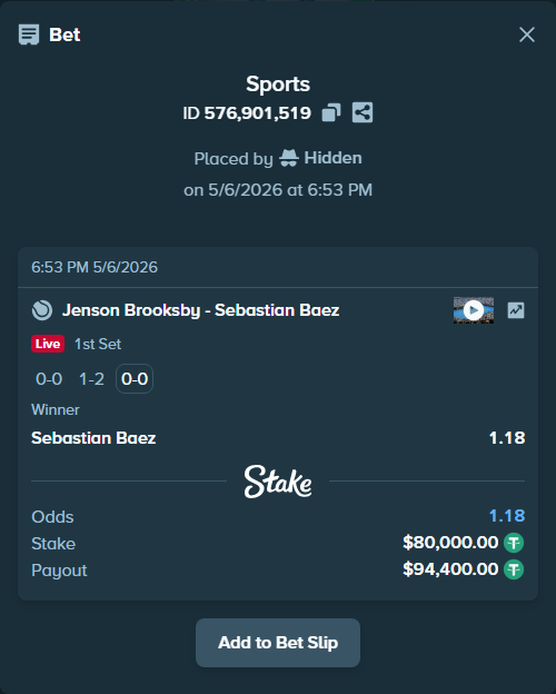 Bet slip: Jenson Brooksby - Sebastian Baez, $80,000.00 stake at 1.18 odds, placed by Hidden