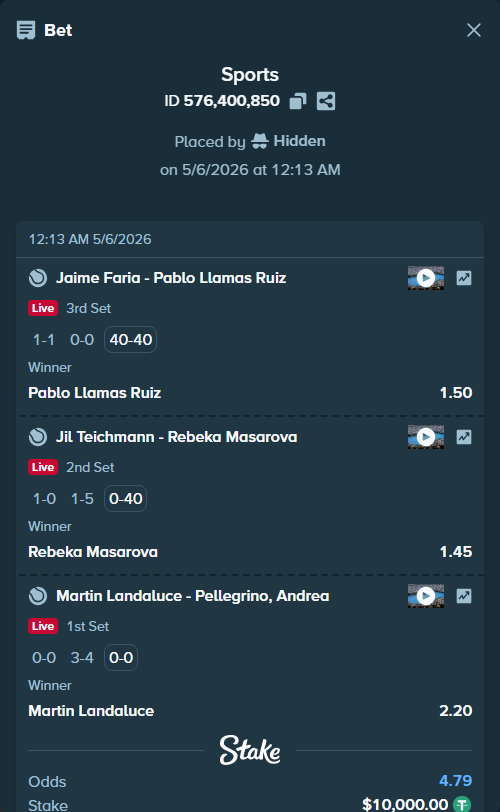 Bet slip: Jil Teichmann - Rebeka Masarova, $10,000.00 stake at 1.45 odds, placed by Hidden