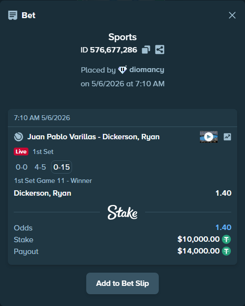 Bet slip: Juan Pablo Varillas - Dickerson, Ryan, $10,000.00 stake at 1.40 odds, placed by diomancy