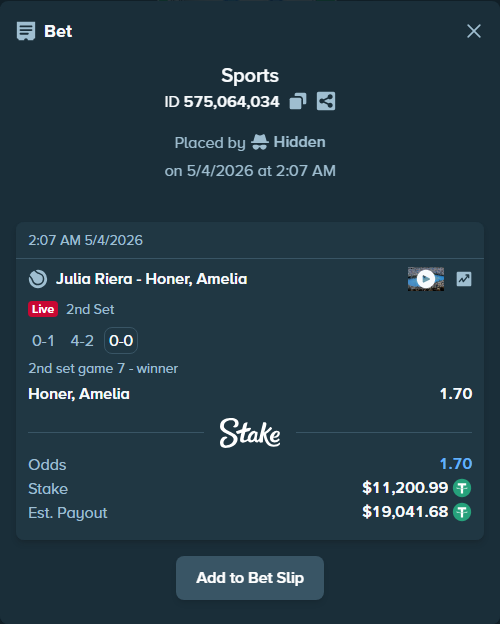 Bet slip: Julia Riera - Honer, Amelia, $11,200.99 stake at 1.70 odds, placed by Hidden