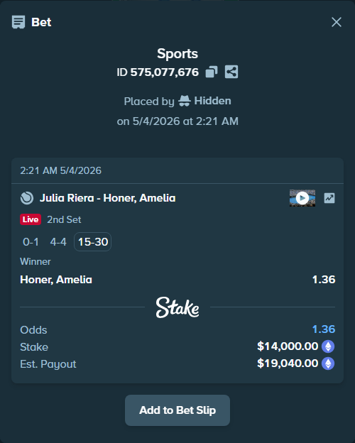 Bet slip: Julia Riera - Honer, Amelia, $21,030.80 stake at 1.36 odds, placed by Hidden