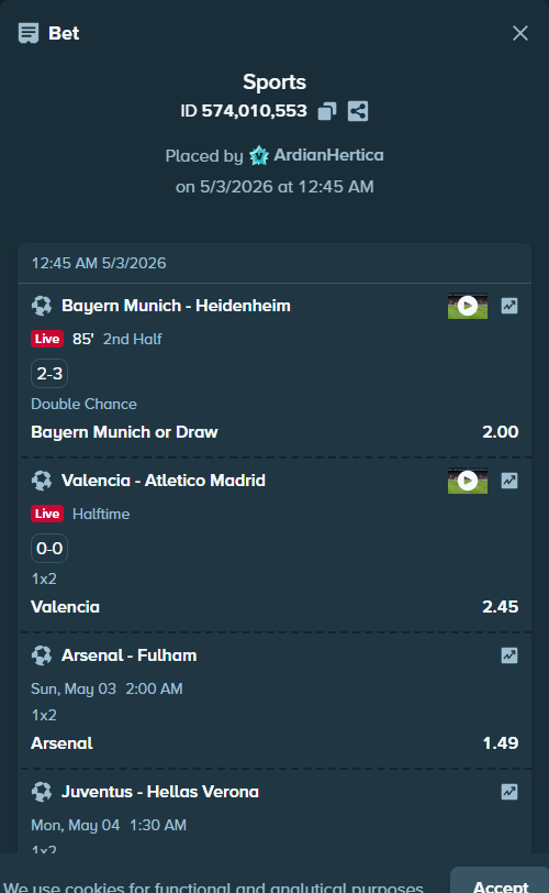 Bet slip: Juventus - Hellas Verona, $10,000.00 stake at 1.20 odds, placed by ArdianHertica