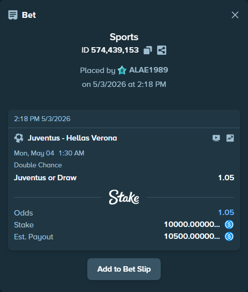 Bet slip: Juventus - Hellas Verona, $10,000.00 stake at 1.05 odds, placed by ALAE1989