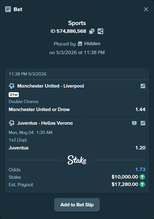 Bet slip: Juventus - Hellas Verona, $10,000.00 stake at 1.20 odds, placed by Hidden