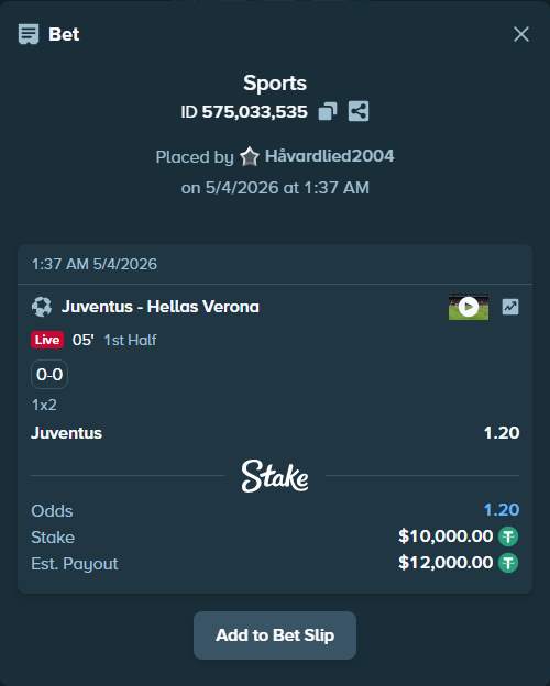 Bet slip: Juventus - Hellas Verona, $10,000.00 stake at 1.20 odds, placed by Håvardlied2004