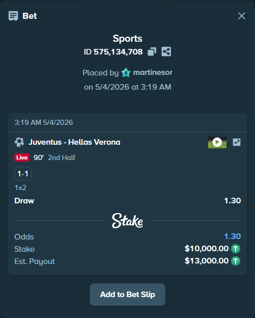 Bet slip: Juventus - Hellas Verona, $10,000.00 stake at 1.30 odds, placed by martinesor