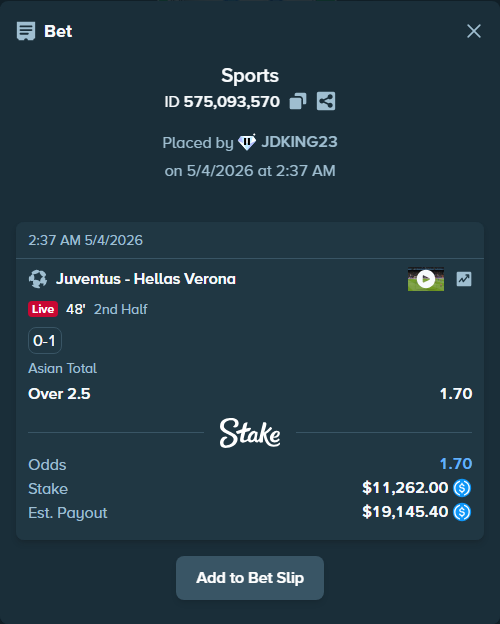 Bet slip: Juventus - Hellas Verona, $11,262.00 stake at 1.70 odds, placed by JDKING23