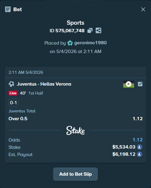 Bet slip: Juventus - Hellas Verona, $13,000.00 stake at 1.12 odds, placed by geronimo1980