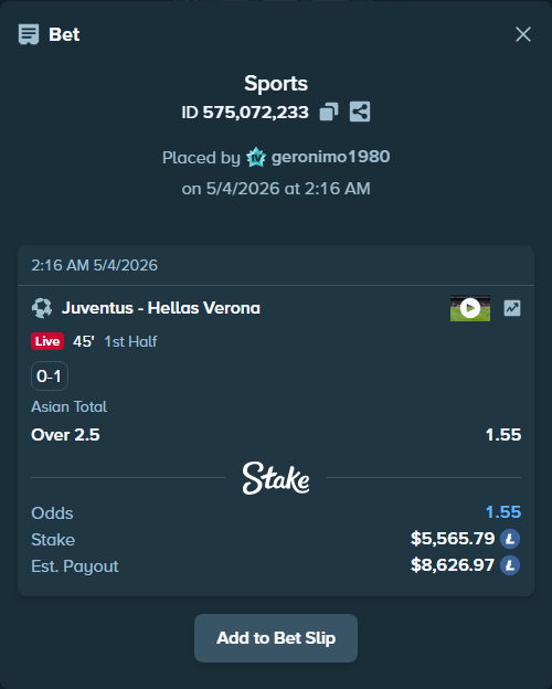 Bet slip: Juventus - Hellas Verona, $13,074.59 stake at 1.55 odds, placed by geronimo1980