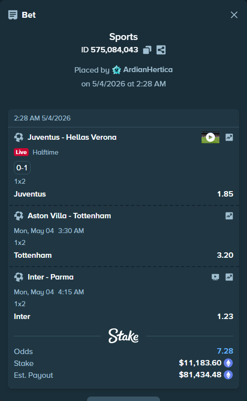 Bet slip: Juventus - Hellas Verona, $16,800.00 stake at 1.85 odds, placed by ArdianHertica