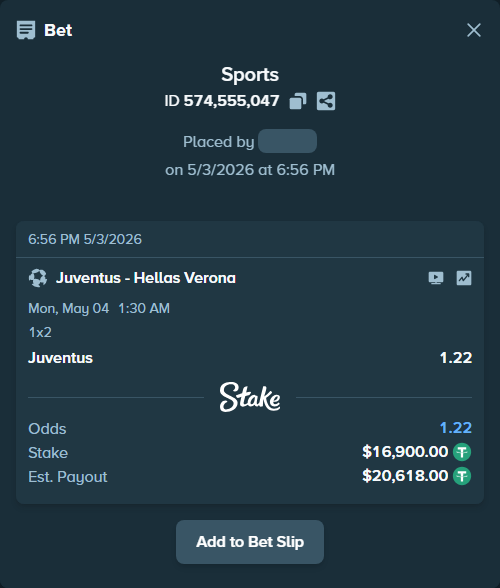 Bet slip: Juventus - Hellas Verona, $16,900.00 stake at 1.22 odds, placed by Iben1993