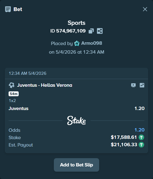Bet slip: Juventus - Hellas Verona, $17,588.61 stake at 1.20 odds, placed by Armo098