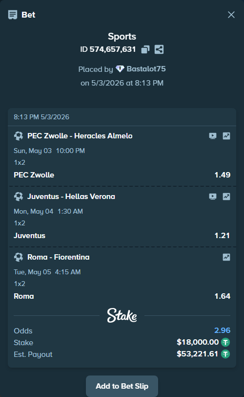 Bet slip: Juventus - Hellas Verona, $18,000.00 stake at 1.21 odds, placed by Bastalot75