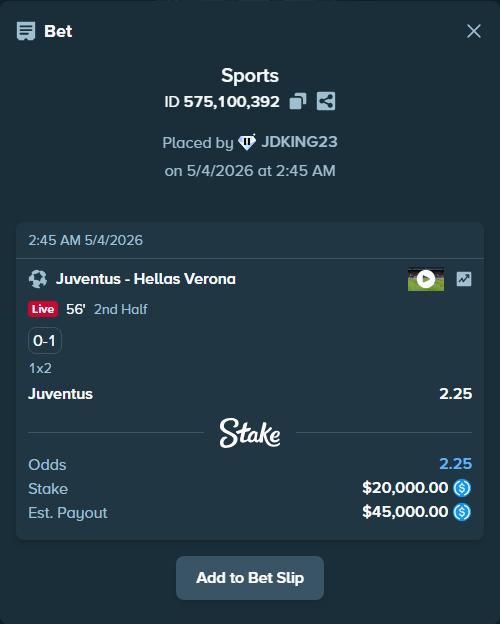 Bet slip: Juventus - Hellas Verona, $20,000.00 stake at 2.25 odds, placed by JDKING23