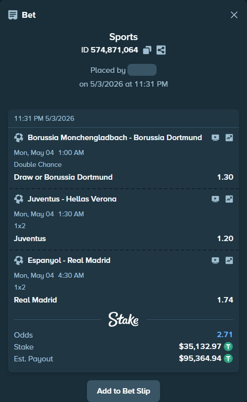 Bet slip: Juventus - Hellas Verona, $35,132.97 stake at 1.20 odds, placed by ashaark