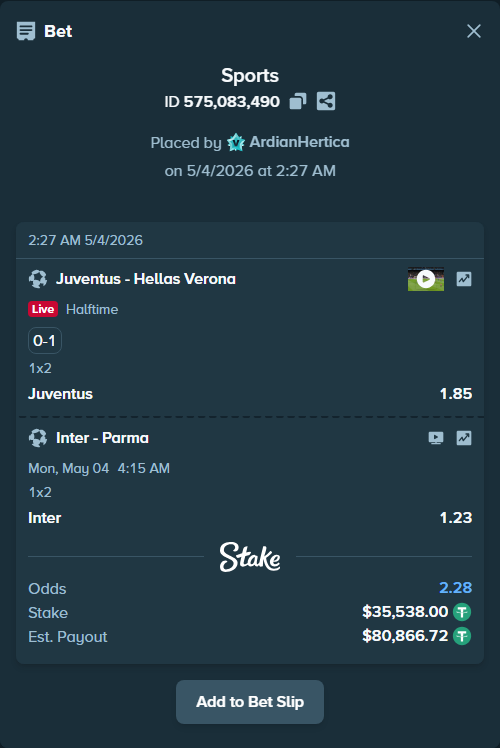 Bet slip: Juventus - Hellas Verona, $35,538.00 stake at 1.85 odds, placed by ArdianHertica