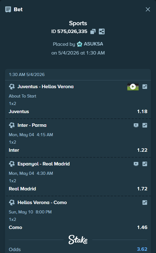 Bet slip: Juventus - Hellas Verona, $39,119.92 stake at 1.18 odds, placed by ASUKSA