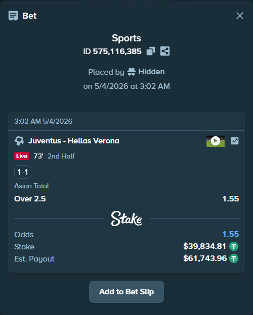 Bet slip: Juventus - Hellas Verona, $39,834.81 stake at 1.55 odds, placed by Hidden