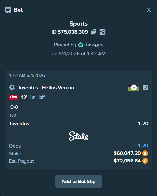 Bet slip: Juventus - Hellas Verona, $53,424.00 stake at 1.20 odds, placed by Jossgus