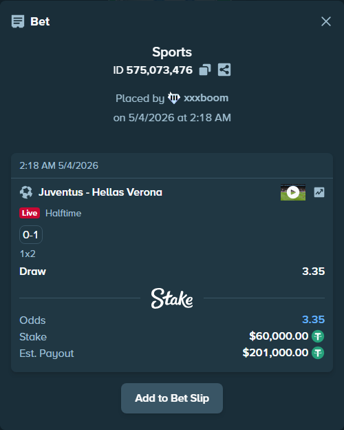 Bet slip: Juventus - Hellas Verona, $60,000.00 stake at 3.35 odds, placed by xxxboom