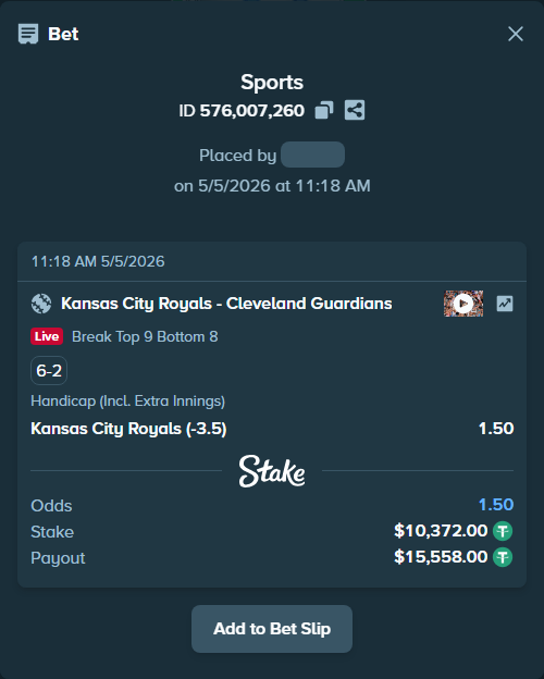 Bet slip: Kansas City Royals - Cleveland Guardians, $10,372.00 stake at 1.50 odds, placed by aka9emuk
