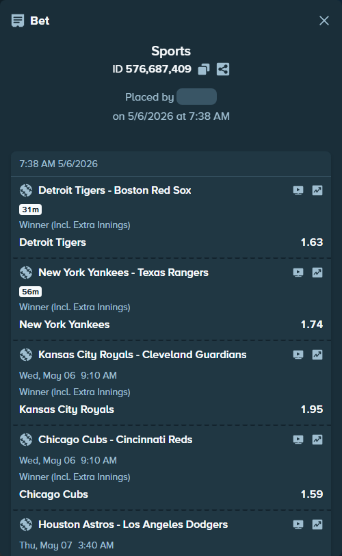 Bet slip: Kansas City Royals - Cleveland Guardians, $12,471.00 stake at 1.95 odds, placed by Enrique2777