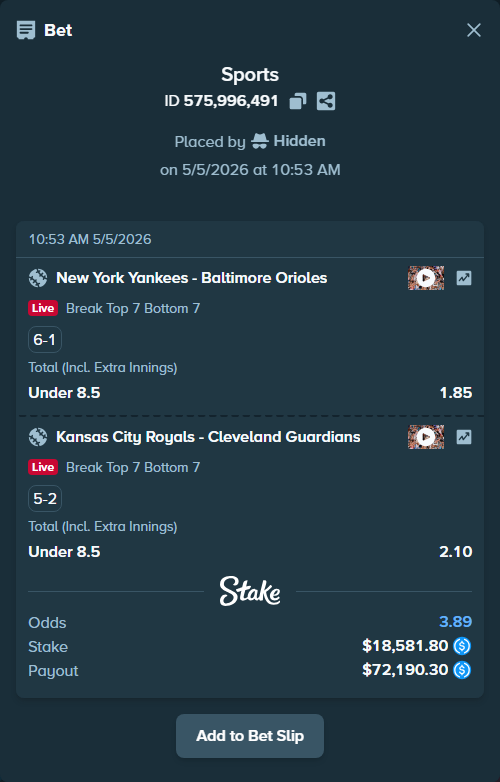 Bet slip: Kansas City Royals - Cleveland Guardians, $18,581.80 stake at 2.10 odds, placed by Hidden