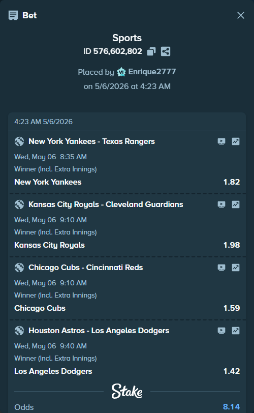 Bet slip: Kansas City Royals - Cleveland Guardians, $20,000.00 stake at 1.98 odds, placed by Enrique2777
