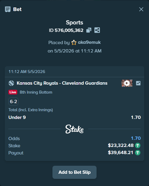 Bet slip: Kansas City Royals - Cleveland Guardians, $23,322.48 stake at 1.70 odds, placed by aka9emuk