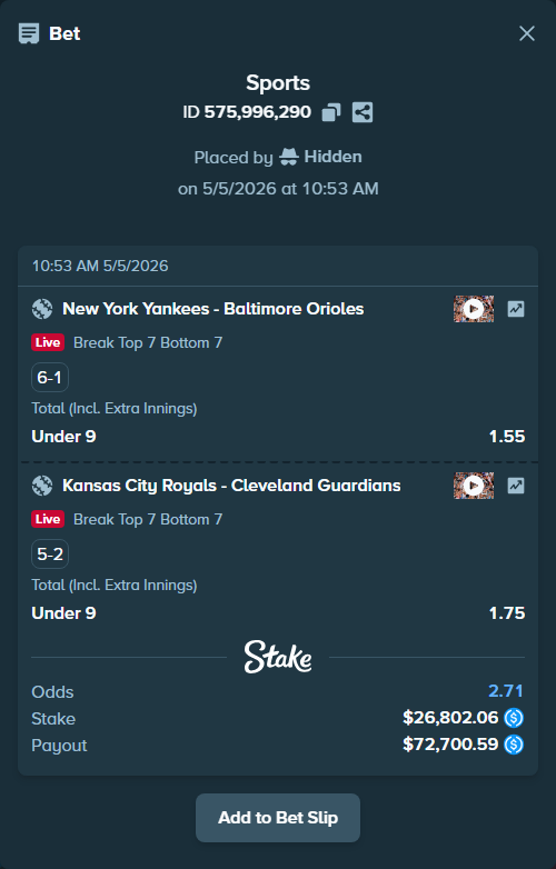Bet slip: Kansas City Royals - Cleveland Guardians, $26,802.06 stake at 1.75 odds, placed by Hidden