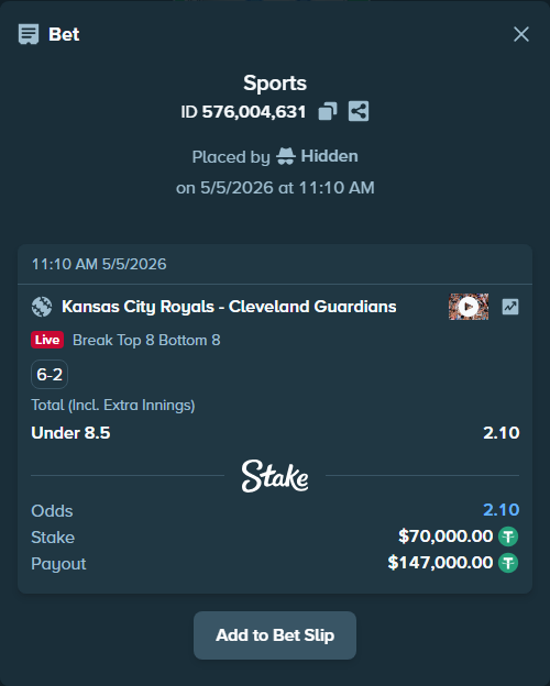Bet slip: Kansas City Royals - Cleveland Guardians, $70,000.00 stake at 2.10 odds, placed by Hidden