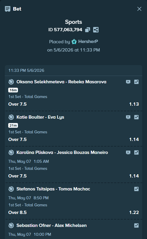 Bet slip: Karolina Pliskova - Jessica Bouzas Maneiro, $37,500.00 stake at 1.14 odds, placed by HersherP