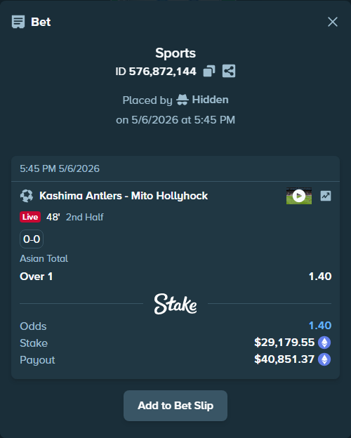 Bet slip: Kashima Antlers - Mito Hollyhock, $42,945.00 stake at 1.40 odds, placed by Hidden