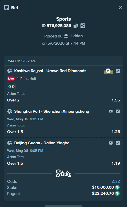 Bet slip: Kashiwa Reysol - Urawa Red Diamonds, $10,000.00 stake at 1.55 odds, placed by Hidden