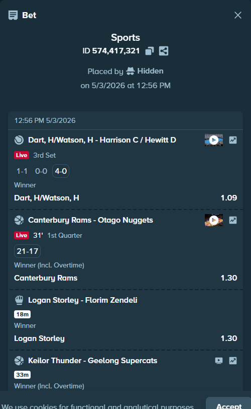 Bet slip: Keilor Thunder - Geelong United, $17,920.00 stake at 1.24 odds, placed by Hidden